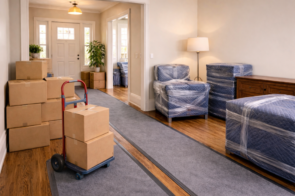 Organized moving setup with labeled boxes, furniture pads, and protected pathways in a Boston apartment move