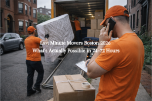 Last minute movers in Boston staging a truck curbside for a 24 to 72 hour move