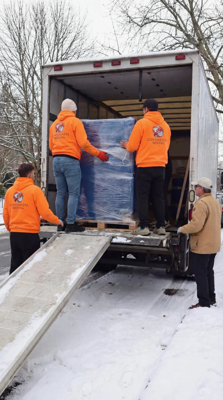 Professional movers loading protected furniture into moving truck