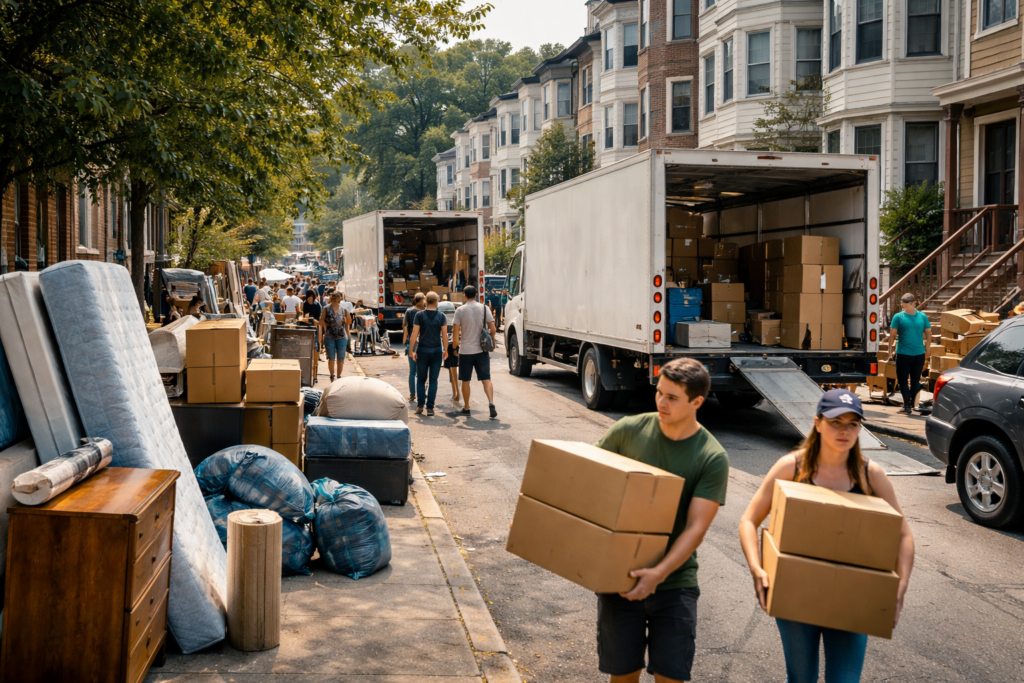 Busy September 1 move-in day in Boston with moving trucks and renters on crowded street
