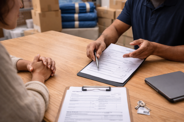 Customer reviewing moving coverage options with a moving company representative before relocation