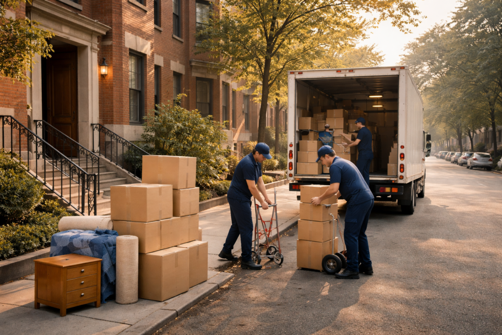 Early morning Boston move with movers preparing truck and boxes before 8 AM