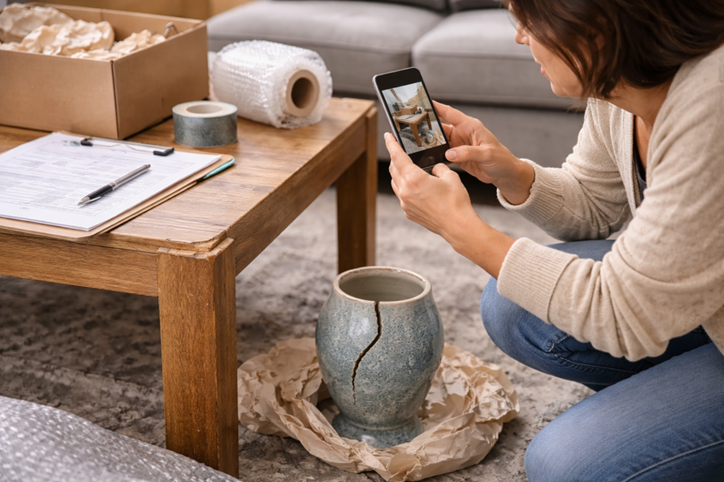 Homeowner documenting moving damage with photos and paperwork after delivery