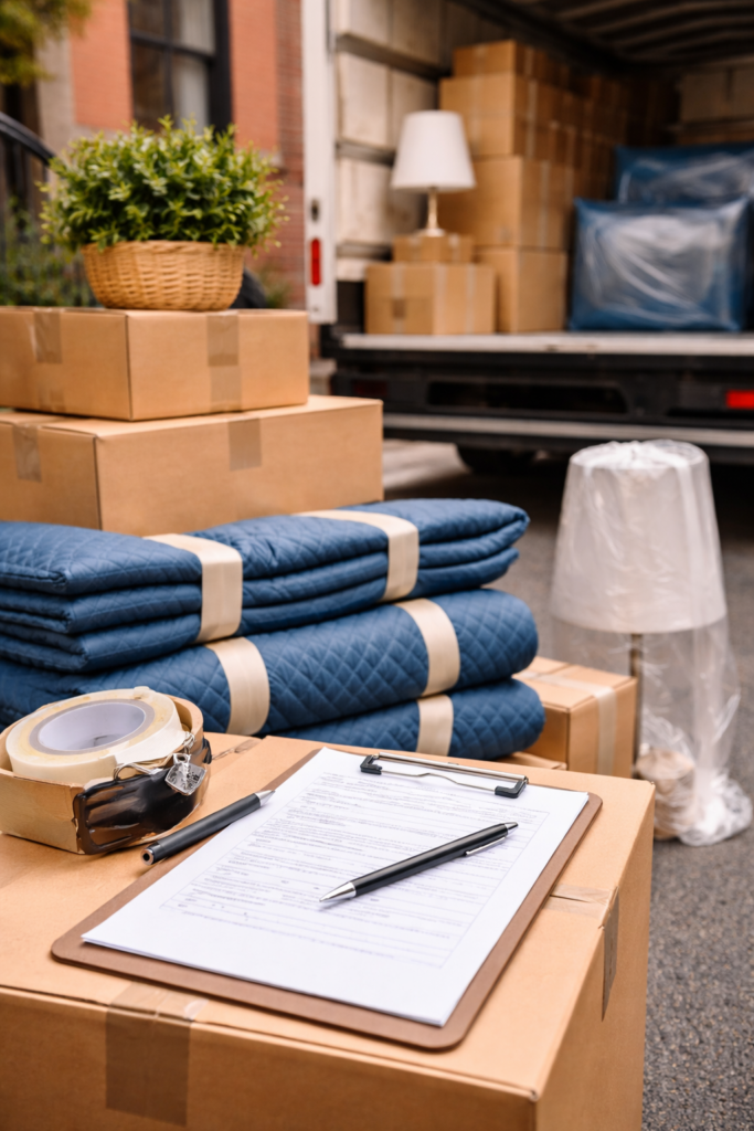 Household items prepared for transport with moving paperwork and protective wrapping