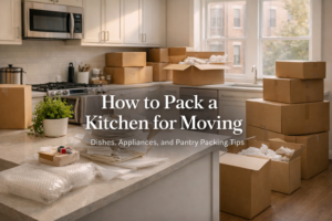 Kitchen packed for moving with boxes, wrapping supplies, and fragile items in a Boston apartment