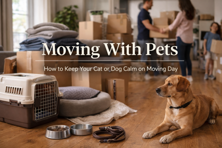 Moving with pets cover image showing a cat carrier, dog, and moving boxes in an apartment