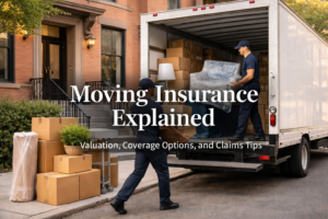 Professional Boston moving scene with truck, boxes, and furniture