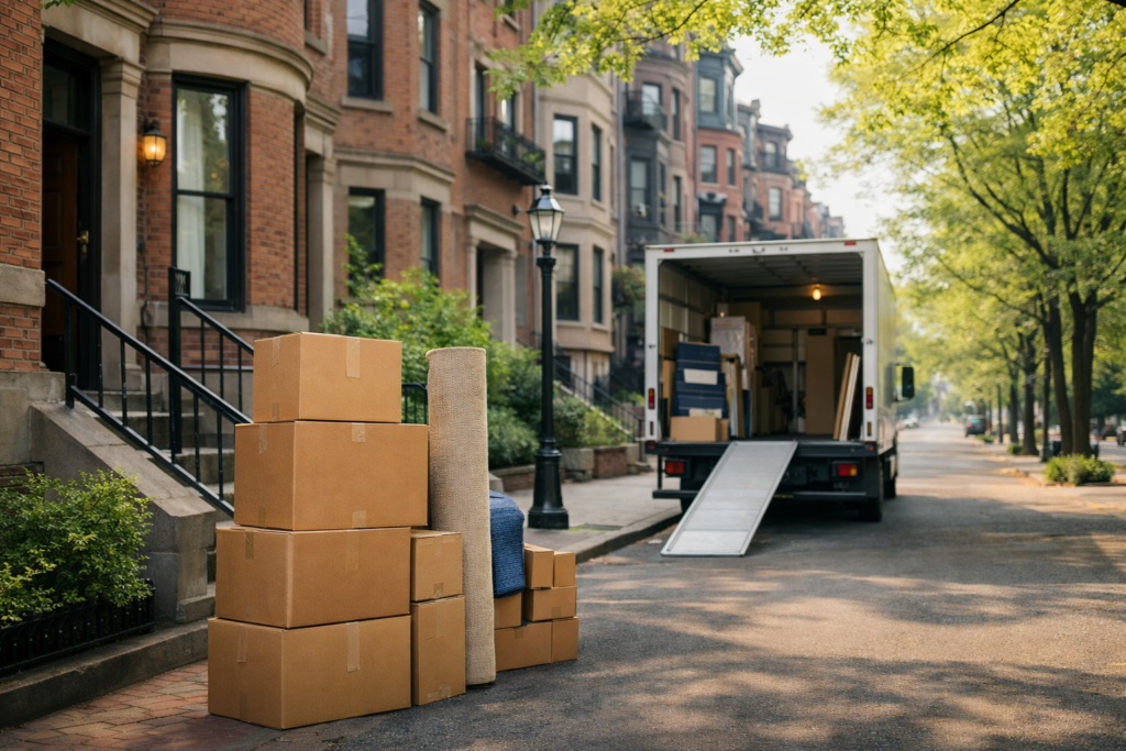 Spring moving scene in Boston with boxes and moving truck near apartment building