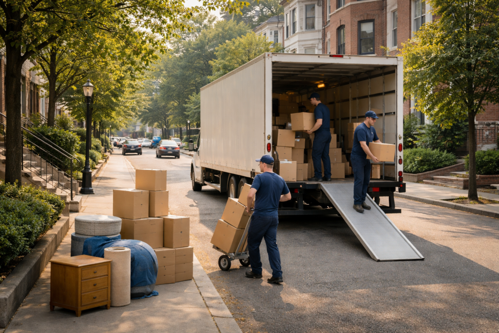 Weekday move in Boston on a calm residential street with movers loading a truck