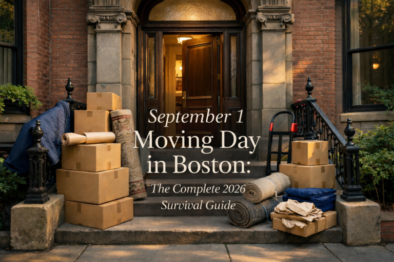 Boston brownstone entrance with packed moving boxes prepared for September 1 move-in