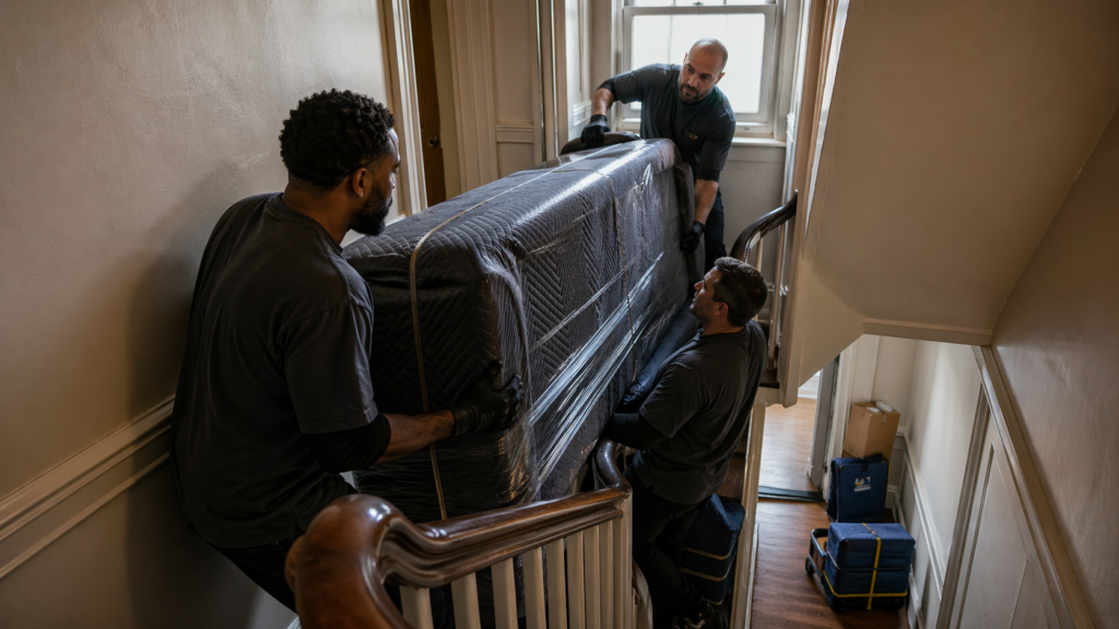 Boston walk-up staircase move with heavy furniture and tight corners