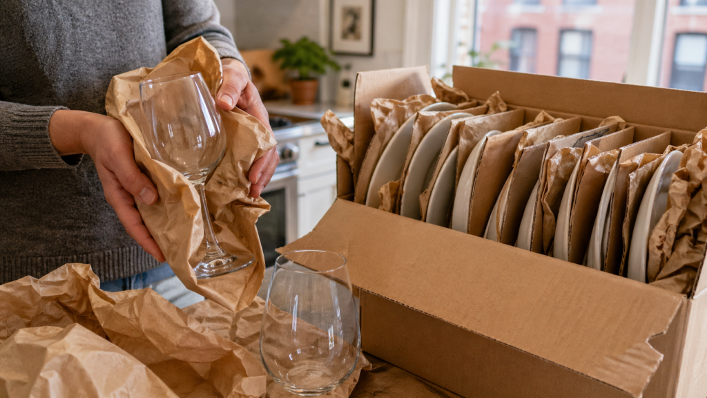 Glassware and dishes wrapped individually for a Boston move