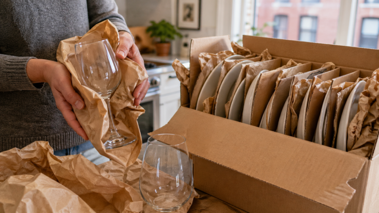 Glassware and dishes wrapped individually for a Boston move