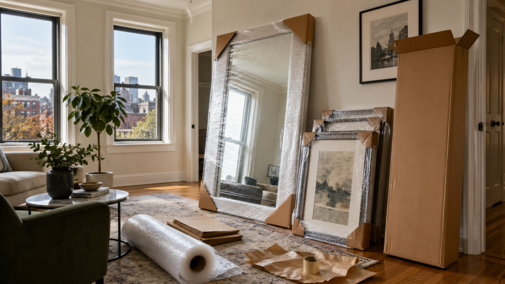 Mirror and framed art packed upright with corner protectors for a Boston move