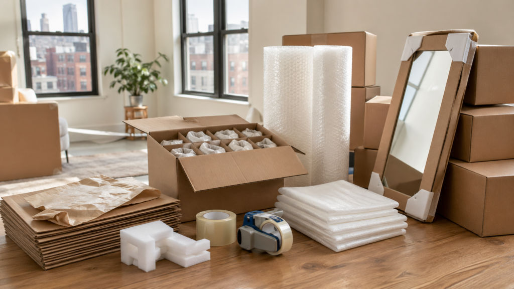 Packing materials for fragile items including bubble wrap paper dish boxes and mirror boxes