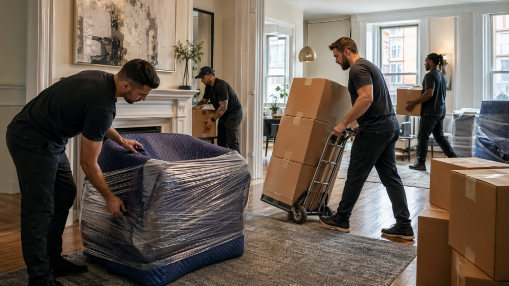 Professional movers in Boston wrapping furniture and moving boxes efficiently